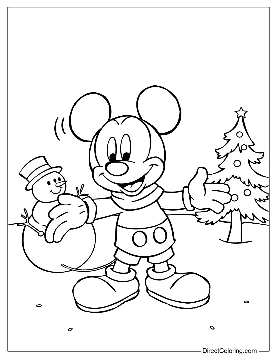 Mickey Mouse with Snowman Coloring Page